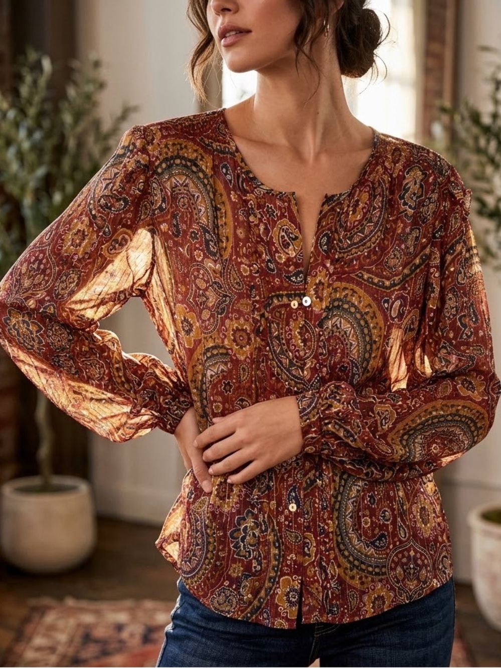 JADE by Johnny Was Epsilon Peasant Paisley Pintuck Button-Front Blouse Med